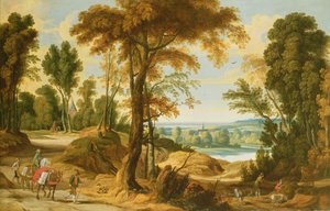 Een bebost rivierlandschap met figuren op een weg